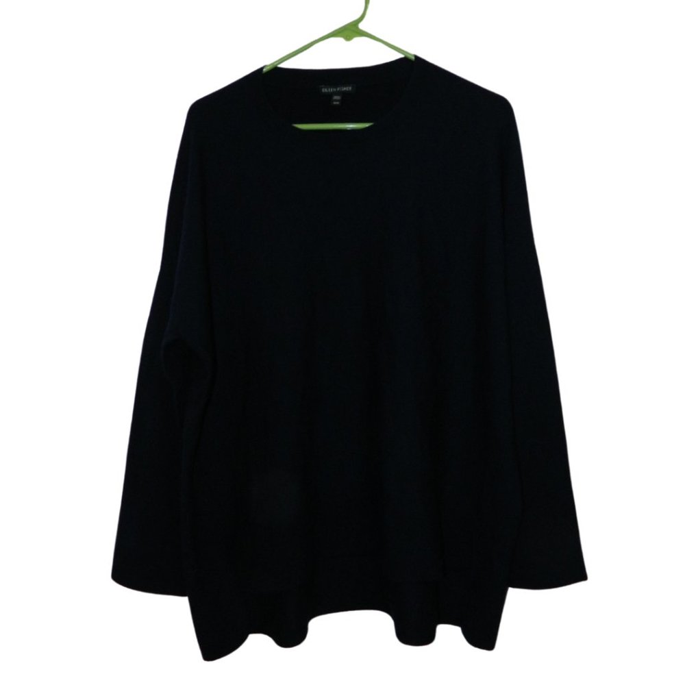 Eileen Fisher Dark Blue Wool Blend High-Low Boxy Sweater Long Sleeve Size Medium